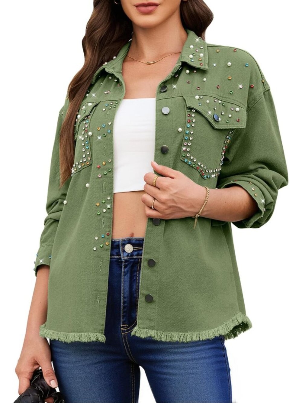 Women's Green Jean Trendy Rhinestones Pearls Embellished Sparkly Frayed Jacket